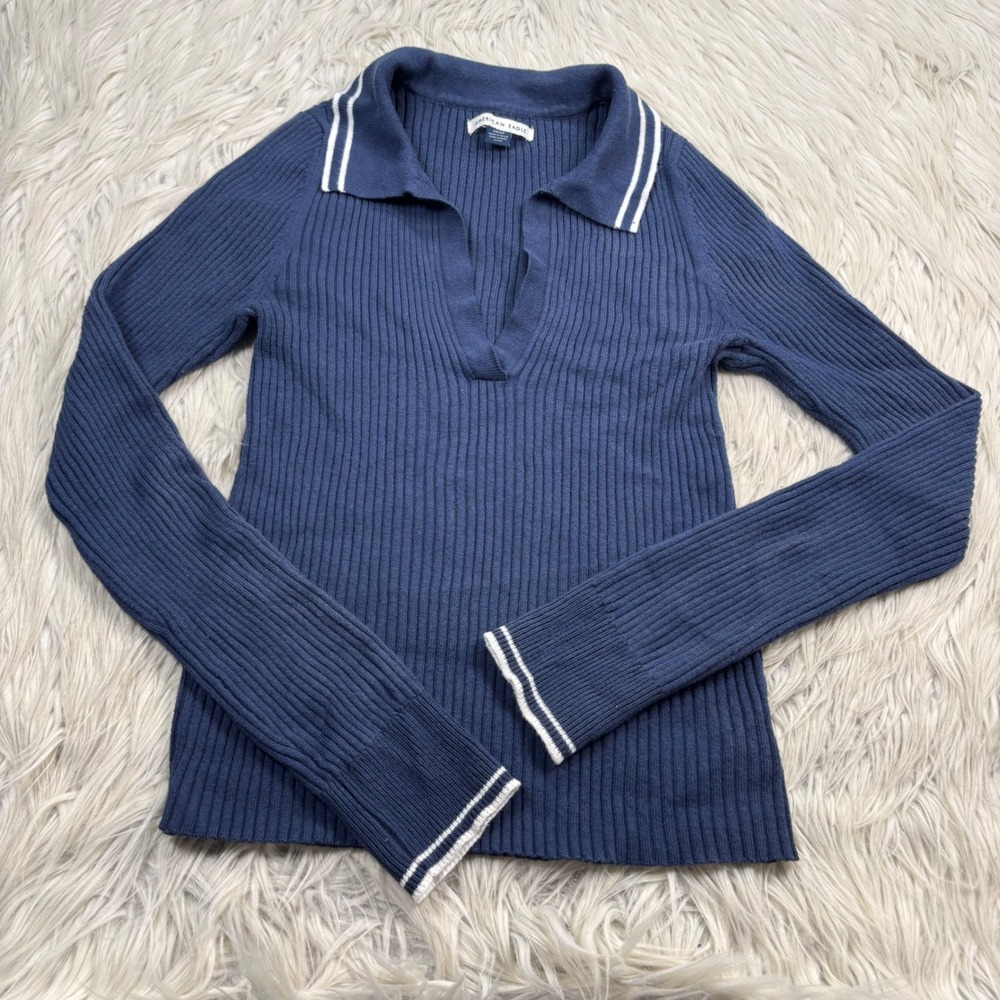 American Eagle Women's S Navy Ribbed LS Sweater Knit Polo Top Preppy Academia